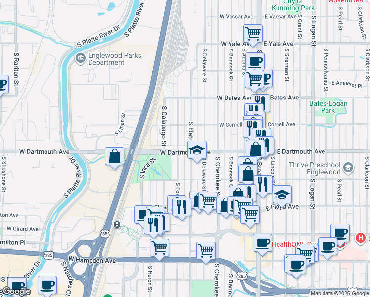 map of restaurants, bars, coffee shops, grocery stores, and more near 3119 South Elati Street in Englewood