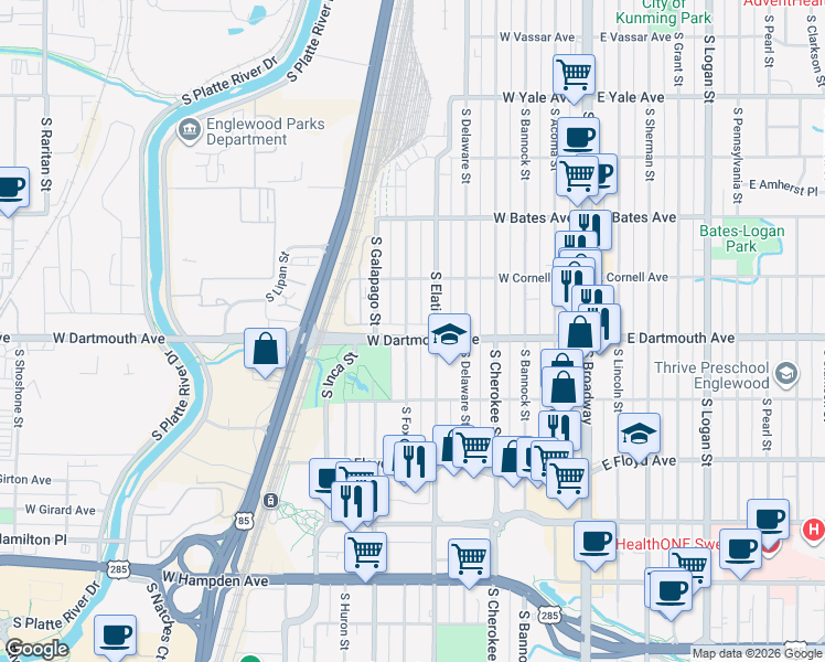 map of restaurants, bars, coffee shops, grocery stores, and more near 3119 South Elati Street in Englewood