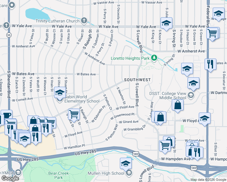 map of restaurants, bars, coffee shops, grocery stores, and more near 3208 South Patton Court in Denver