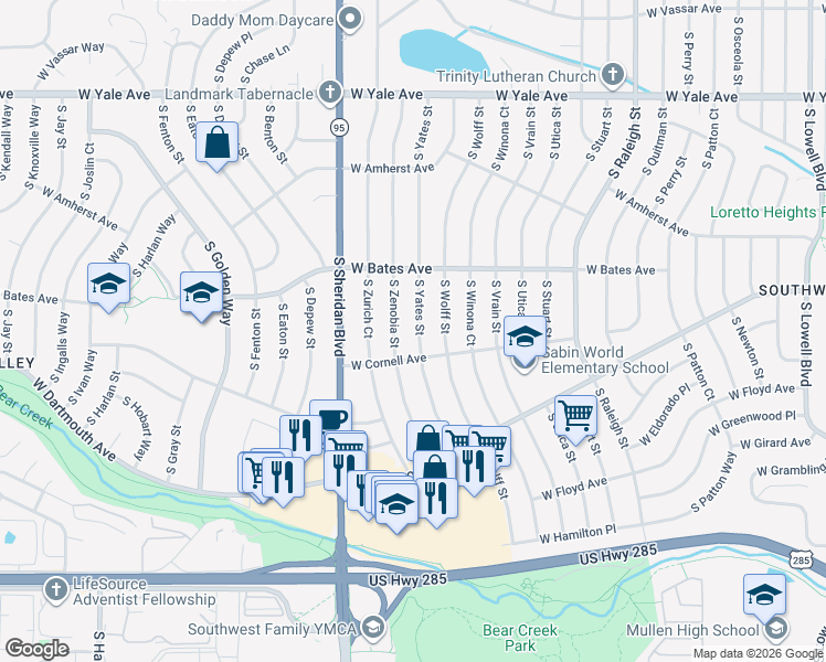 map of restaurants, bars, coffee shops, grocery stores, and more near 2992 South Zenobia Street in Denver