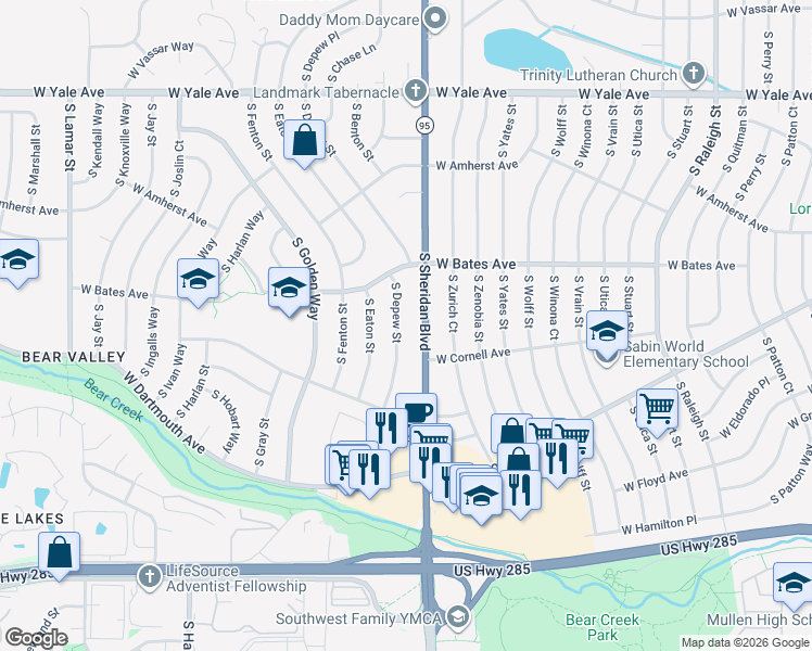 map of restaurants, bars, coffee shops, grocery stores, and more near 2972 South Depew Street in Denver