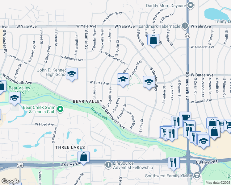 map of restaurants, bars, coffee shops, grocery stores, and more near 3023 South Ivan Way in Denver