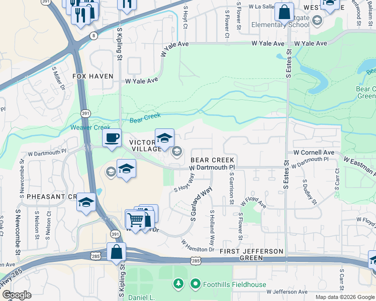 map of restaurants, bars, coffee shops, grocery stores, and more near 3080 South Hoyt Way in Lakewood