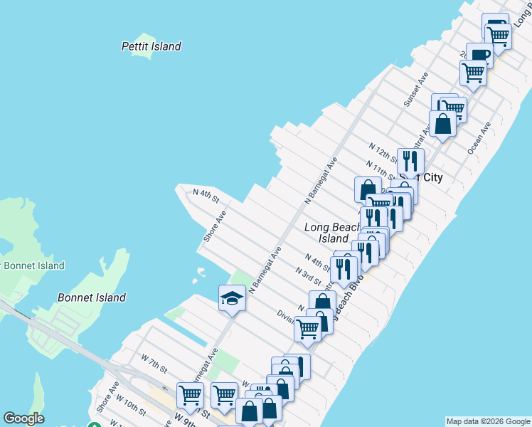 map of restaurants, bars, coffee shops, grocery stores, and more near 323 North 4th Street in Surf City