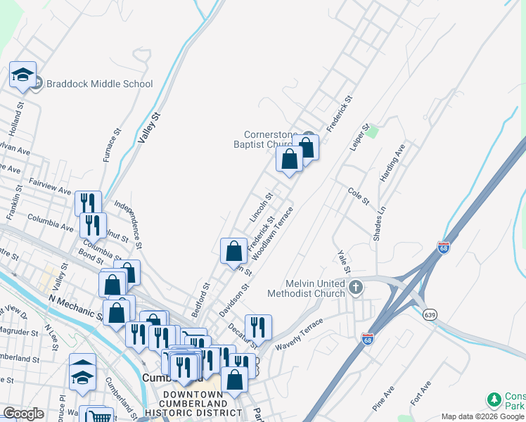 map of restaurants, bars, coffee shops, grocery stores, and more near 623 Lincoln Street in Cumberland