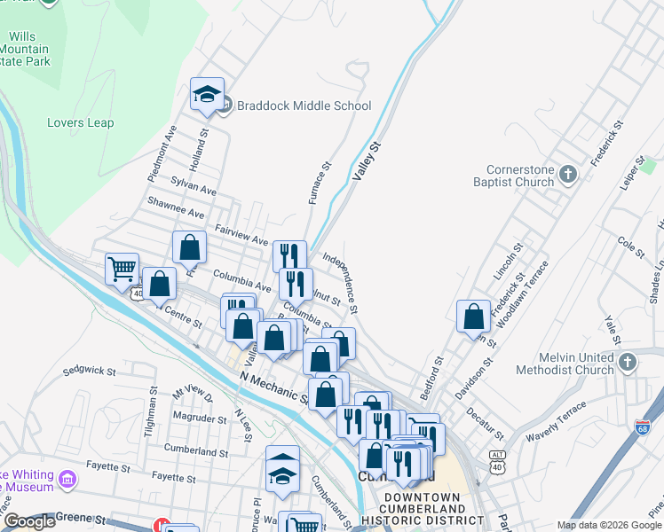 map of restaurants, bars, coffee shops, grocery stores, and more near 406 Chestnut Street in Cumberland
