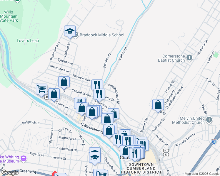 map of restaurants, bars, coffee shops, grocery stores, and more near 455 Walnut Street in Cumberland