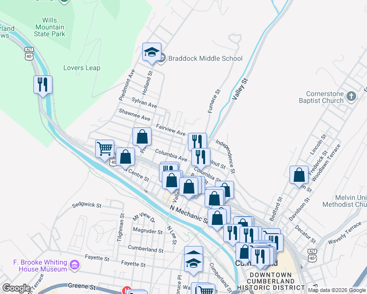 map of restaurants, bars, coffee shops, grocery stores, and more near 528 Columbia Avenue in Cumberland