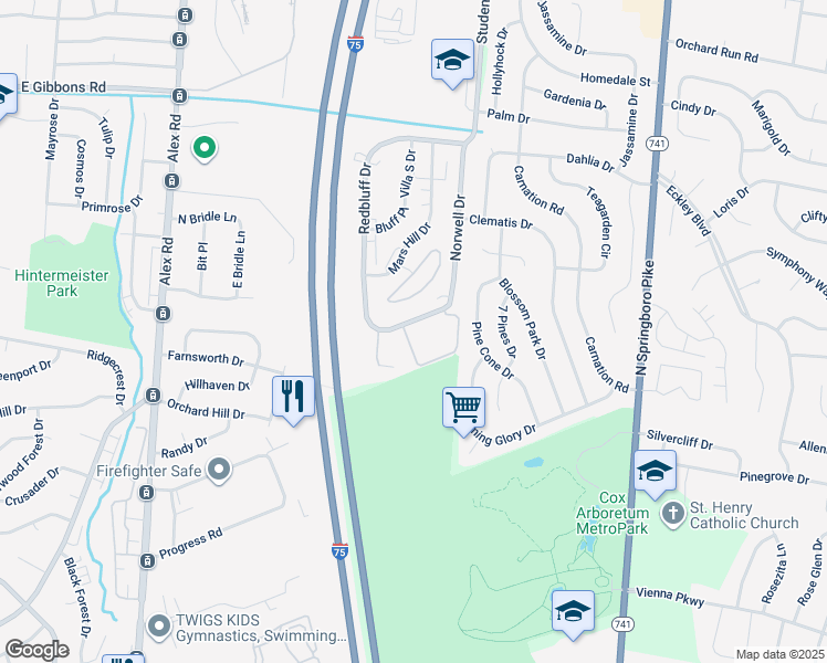 map of restaurants, bars, coffee shops, grocery stores, and more near 119 Shenandoah Trail in Dayton
