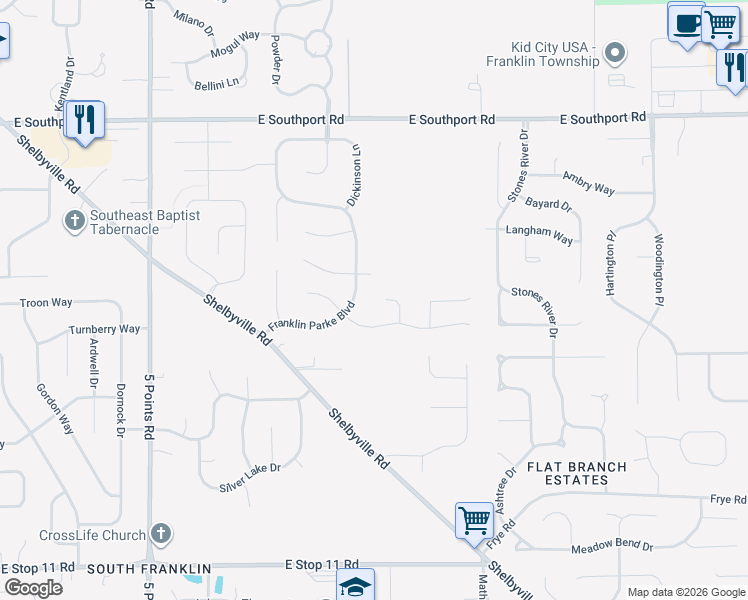 map of restaurants, bars, coffee shops, grocery stores, and more near 7430 Franklin Parke Woods in Indianapolis