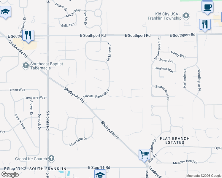 map of restaurants, bars, coffee shops, grocery stores, and more near 7430 Franklin Parke Woods in Indianapolis