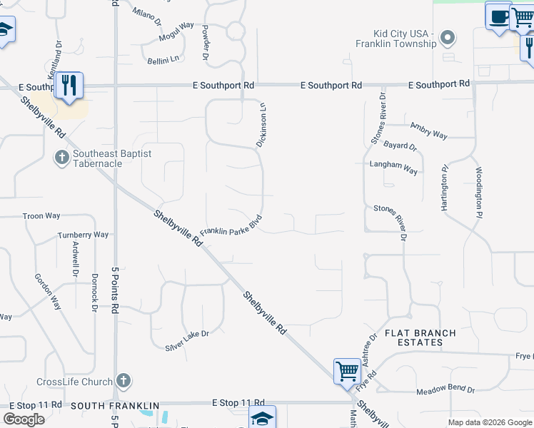 map of restaurants, bars, coffee shops, grocery stores, and more near 7430 Franklin Parke Woods in Indianapolis