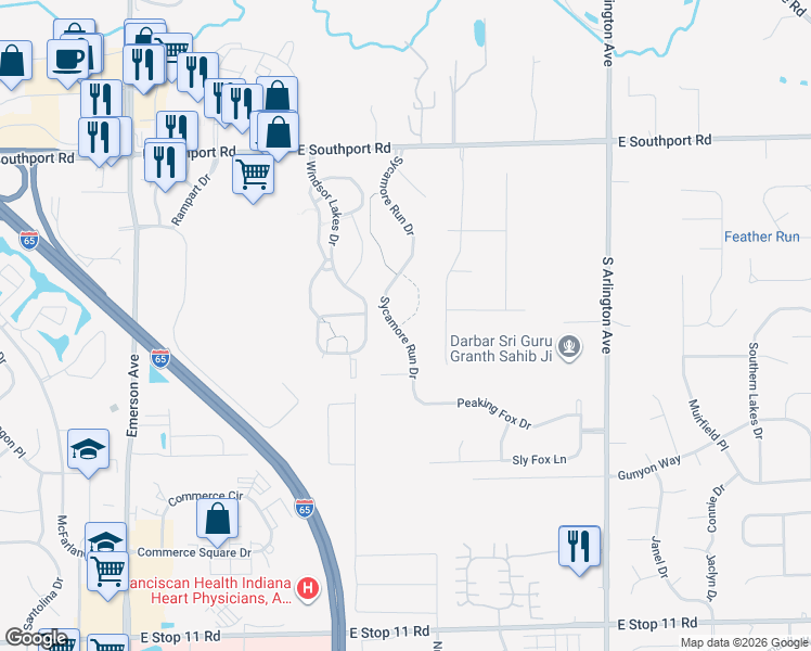 map of restaurants, bars, coffee shops, grocery stores, and more near 7412 Sycamore Run Drive in Indianapolis