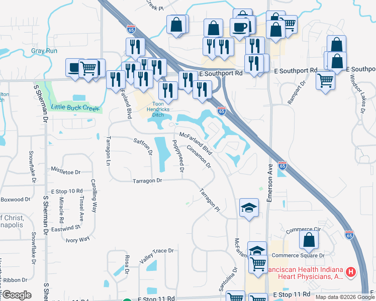 map of restaurants, bars, coffee shops, grocery stores, and more near 7383 Poppyseed Drive in Indianapolis
