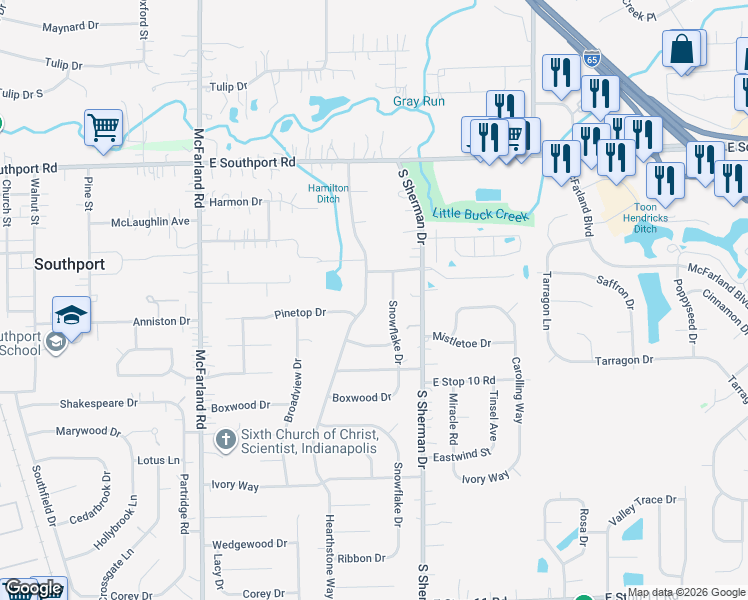 map of restaurants, bars, coffee shops, grocery stores, and more near 7332 Snowflake Drive in Indianapolis