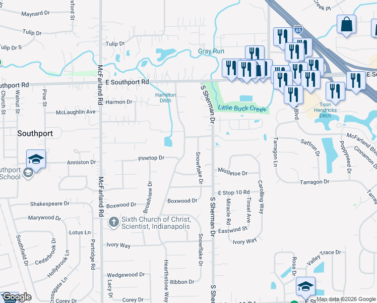 map of restaurants, bars, coffee shops, grocery stores, and more near 7332 Snowflake Drive in Indianapolis