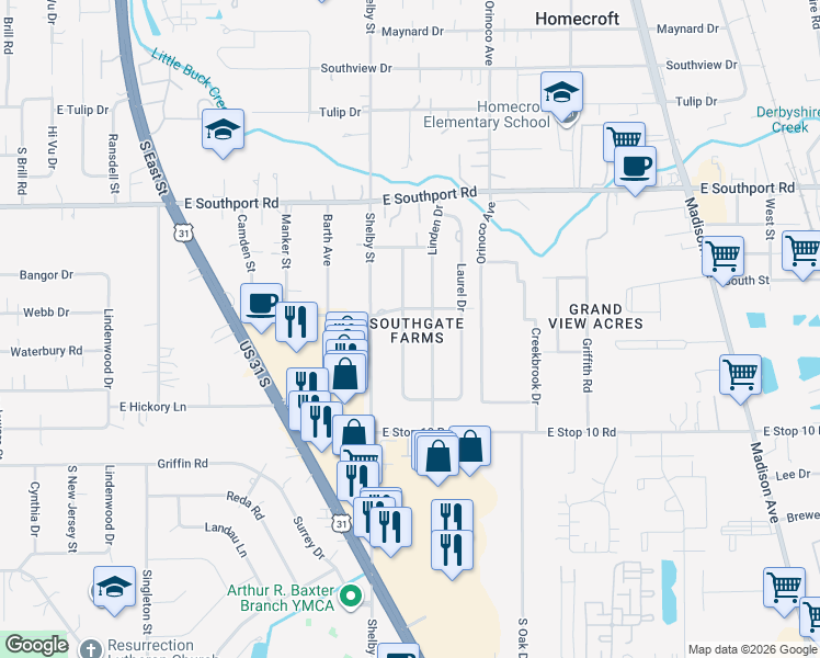 map of restaurants, bars, coffee shops, grocery stores, and more near 7240 Linden Drive in Indianapolis