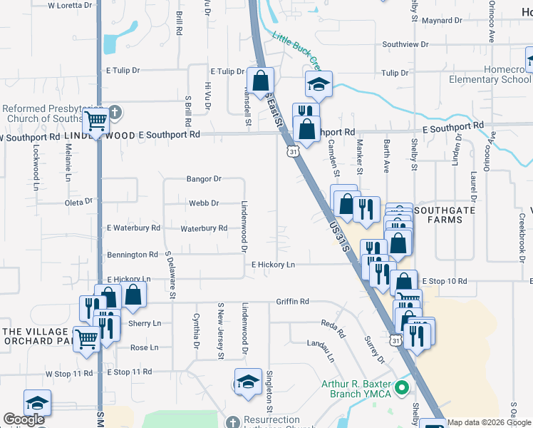 map of restaurants, bars, coffee shops, grocery stores, and more near 7224 South East Street in Indianapolis