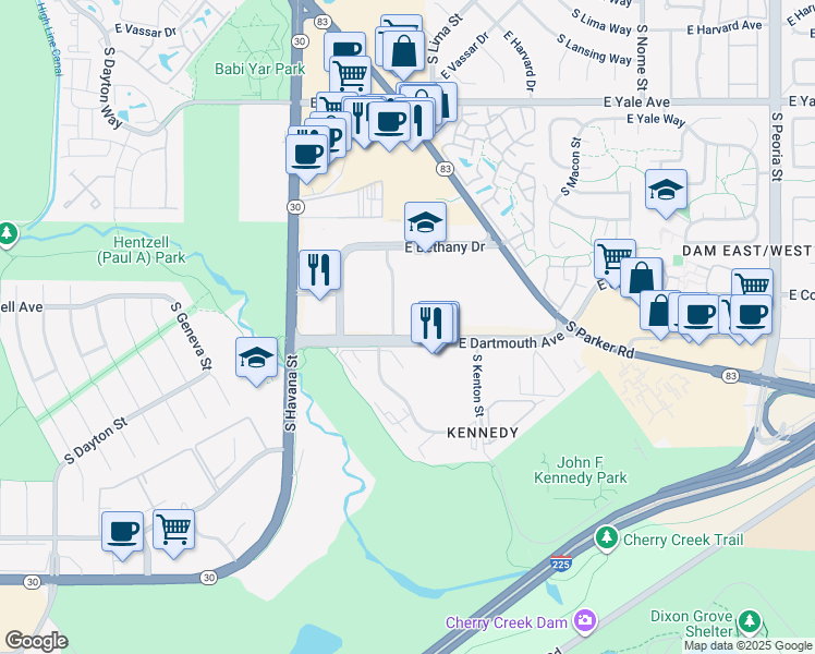 map of restaurants, bars, coffee shops, grocery stores, and more near 10890 East Dartmouth Avenue in Denver