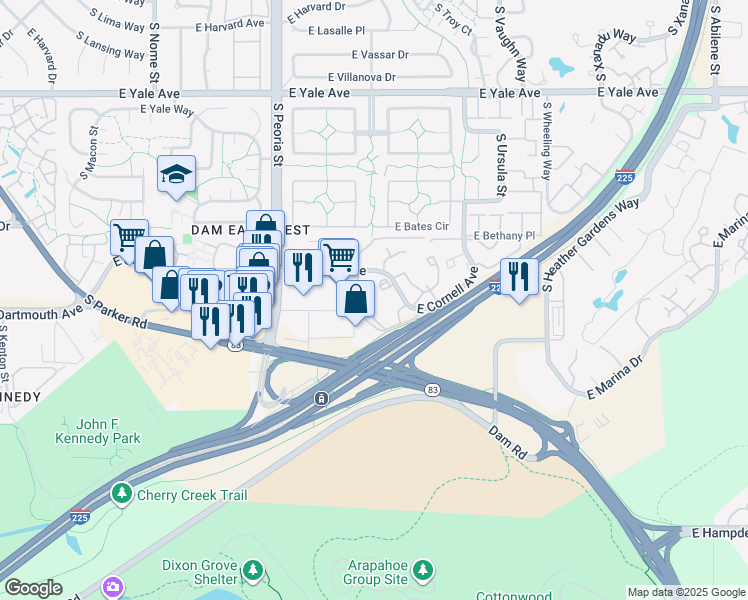 map of restaurants, bars, coffee shops, grocery stores, and more near 12544 East Cornell Avenue in Aurora