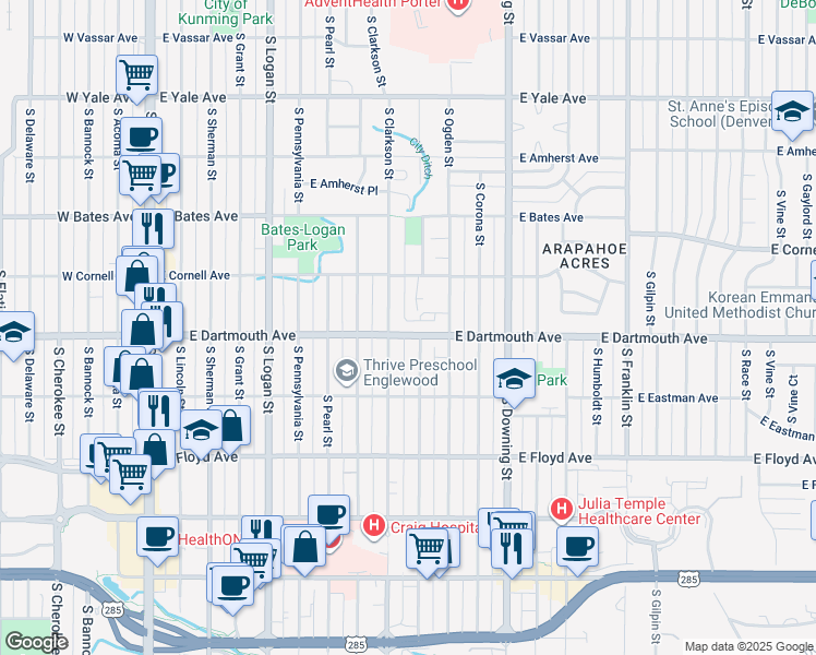 map of restaurants, bars, coffee shops, grocery stores, and more near 3117 South Emerson Street in Englewood