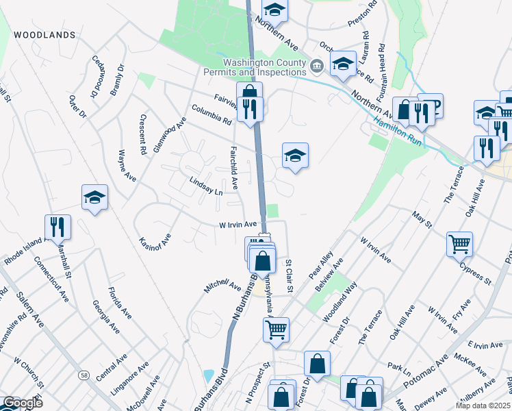 map of restaurants, bars, coffee shops, grocery stores, and more near 1111 Pennsylvania Avenue in Hagerstown