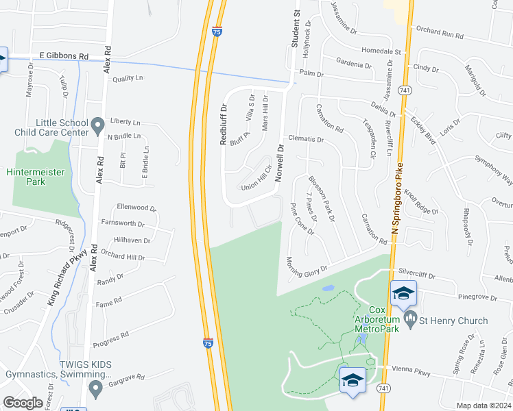 map of restaurants, bars, coffee shops, grocery stores, and more near 1312 Camphill Way in West Carrollton