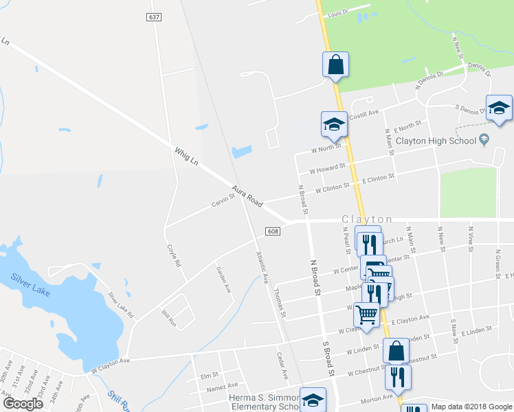 map of restaurants, bars, coffee shops, grocery stores, and more near 100 Aura Road in Clayton