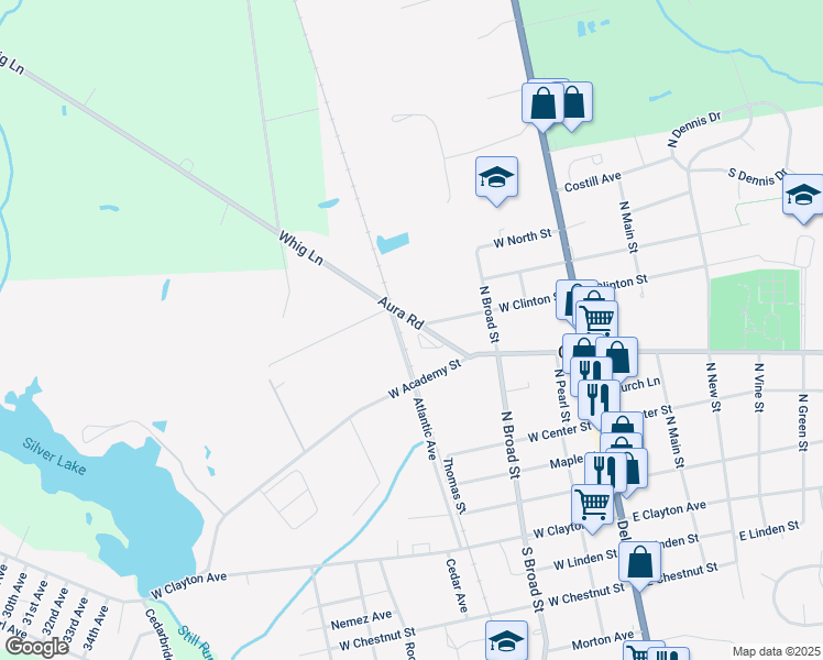 map of restaurants, bars, coffee shops, grocery stores, and more near 100 Aura Road in Clayton