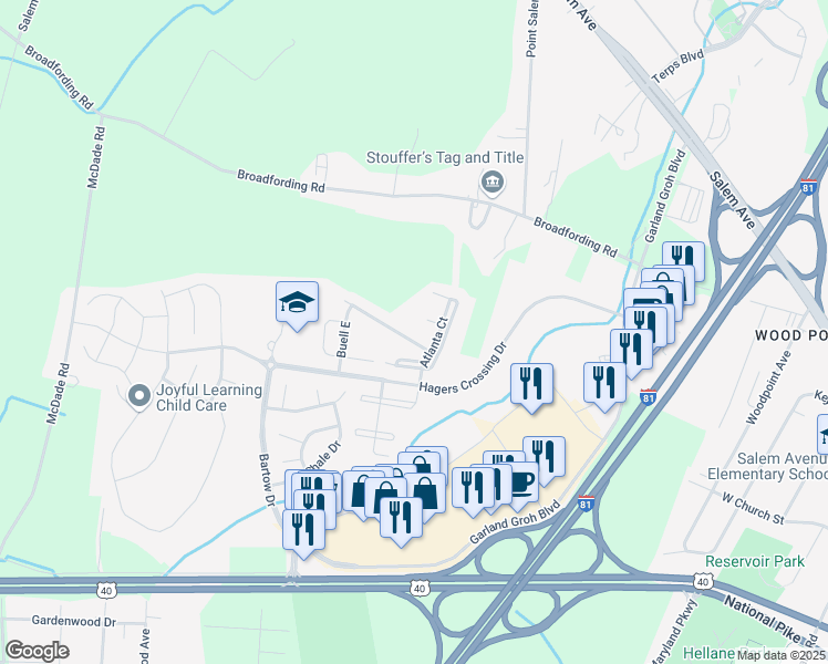 map of restaurants, bars, coffee shops, grocery stores, and more near 17664 Potter Bell Way in Hagerstown