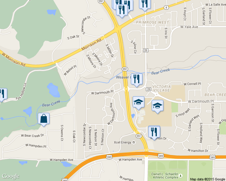 map of restaurants, bars, coffee shops, grocery stores, and more near 10109 West Dartmouth Place in Denver