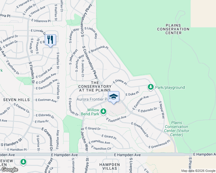 map of restaurants, bars, coffee shops, grocery stores, and more near 20683 East Doane Place in Aurora