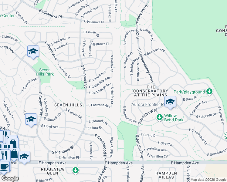 map of restaurants, bars, coffee shops, grocery stores, and more near 3102 South Halifax Street in Aurora