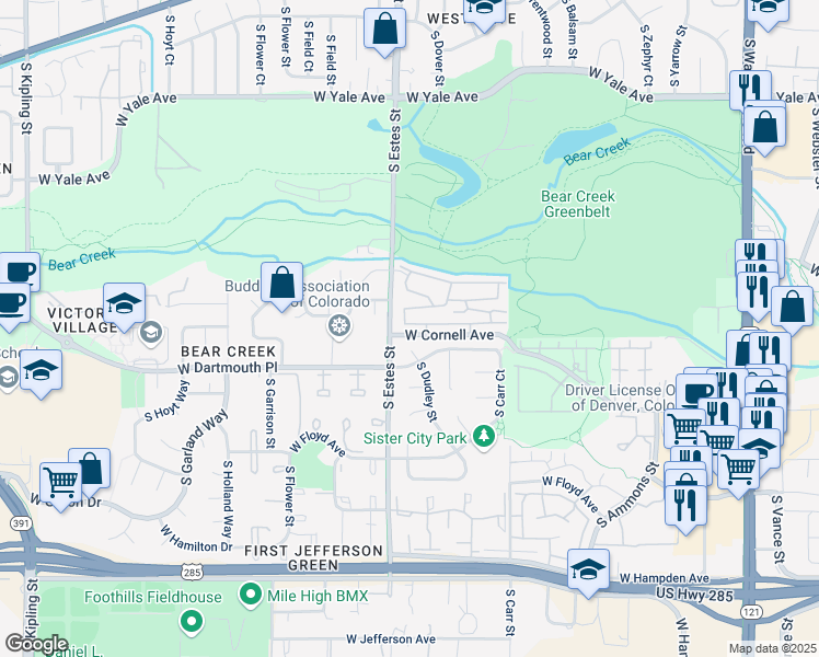 map of restaurants, bars, coffee shops, grocery stores, and more near 8737 West Cornell Avenue in Lakewood