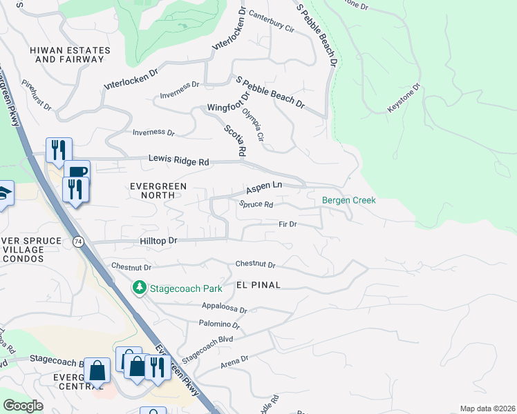 map of restaurants, bars, coffee shops, grocery stores, and more near 2983 Sugarpine Trail in Evergreen