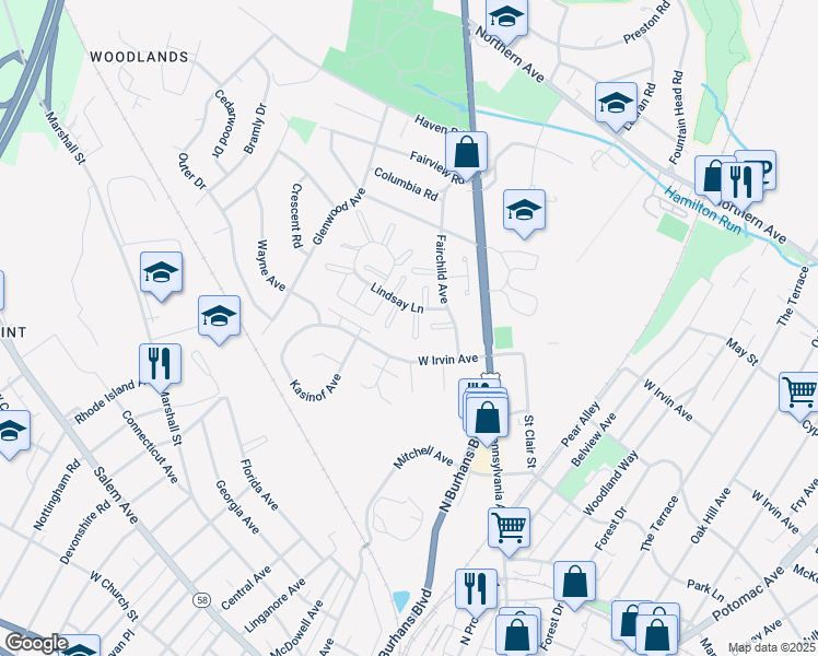 map of restaurants, bars, coffee shops, grocery stores, and more near 1027 Lindsay Lane in Hagerstown