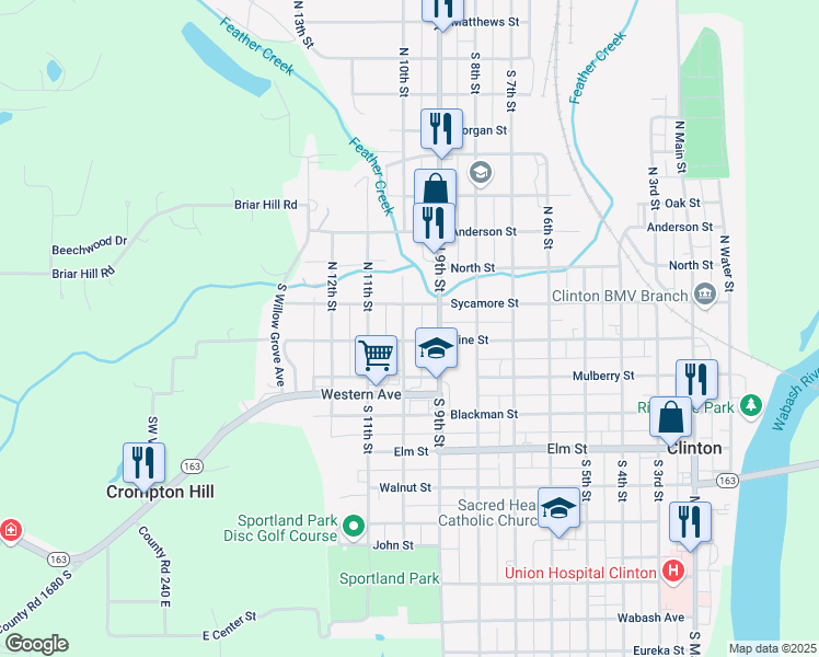 map of restaurants, bars, coffee shops, grocery stores, and more near 958 Sycamore Street in Clinton