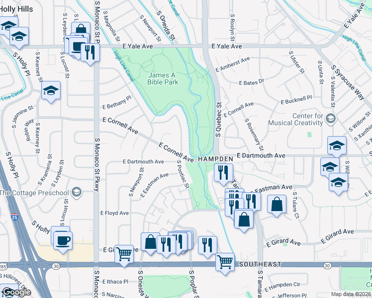 map of restaurants, bars, coffee shops, grocery stores, and more near 2984 South Pontiac Street in Denver
