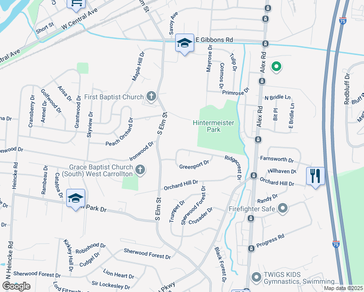 map of restaurants, bars, coffee shops, grocery stores, and more near 812 South Elm Street in West Carrollton