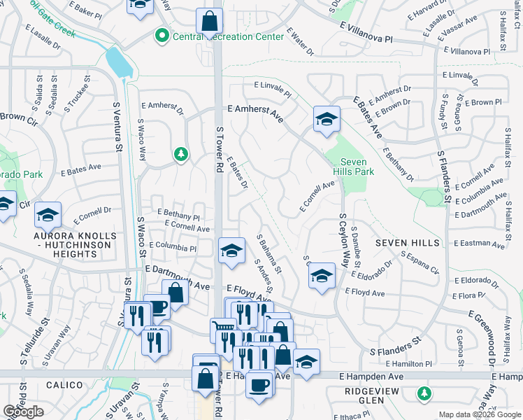 map of restaurants, bars, coffee shops, grocery stores, and more near 18554 East Bethany Place in Aurora