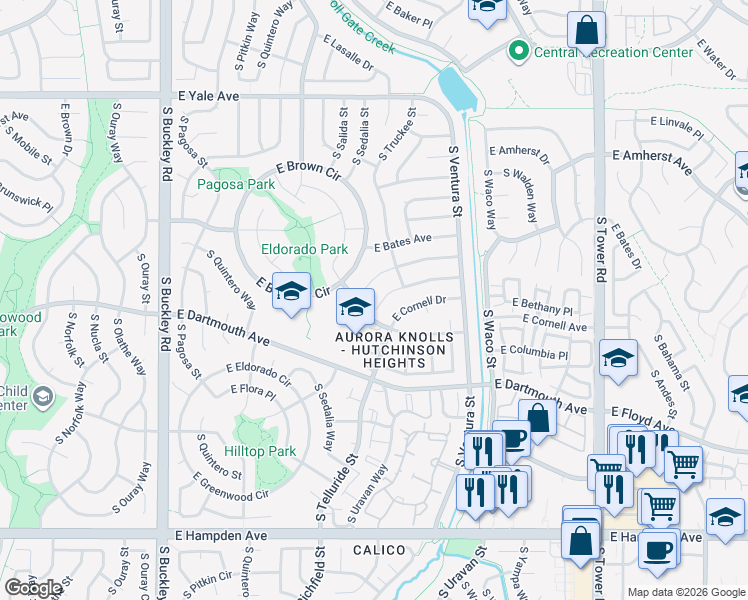 map of restaurants, bars, coffee shops, grocery stores, and more near 17679 East Bethany Drive in Aurora