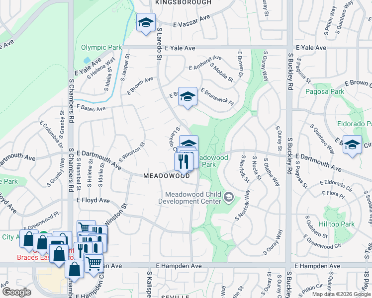 map of restaurants, bars, coffee shops, grocery stores, and more near 16035 East Columbia Place in Aurora