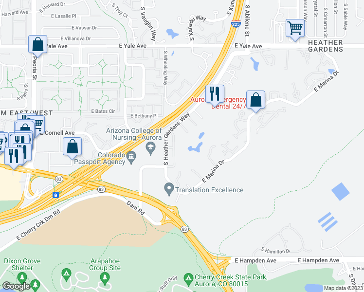 map of restaurants, bars, coffee shops, grocery stores, and more near 13609 East Cornell Avenue in Aurora