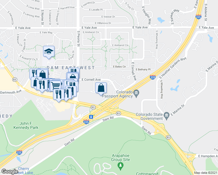 map of restaurants, bars, coffee shops, grocery stores, and more near 12501 East Cornell Circle in Aurora