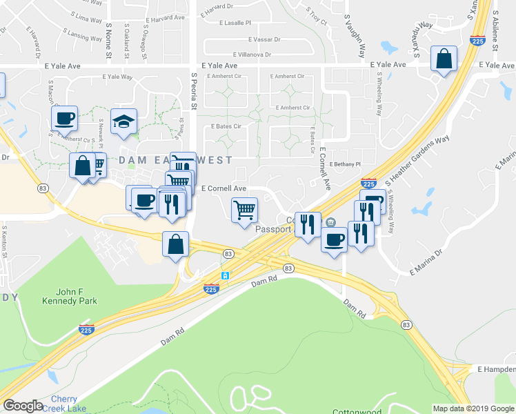 map of restaurants, bars, coffee shops, grocery stores, and more near 12501 East Cornell Circle in Aurora