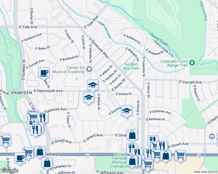 map of restaurants, bars, coffee shops, grocery stores, and more near 8671 East Cornell Drive in Denver