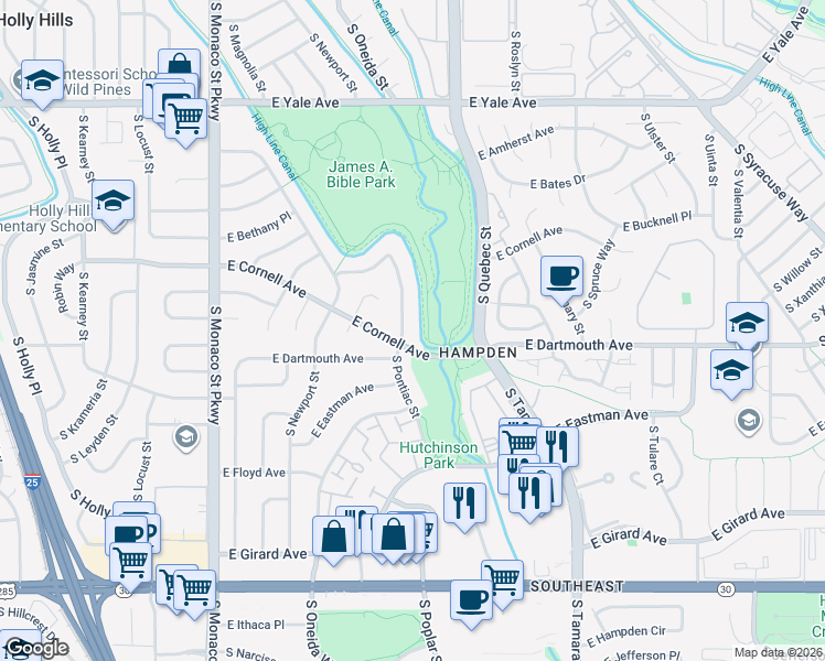 map of restaurants, bars, coffee shops, grocery stores, and more near 2984 South Pontiac Street in Denver