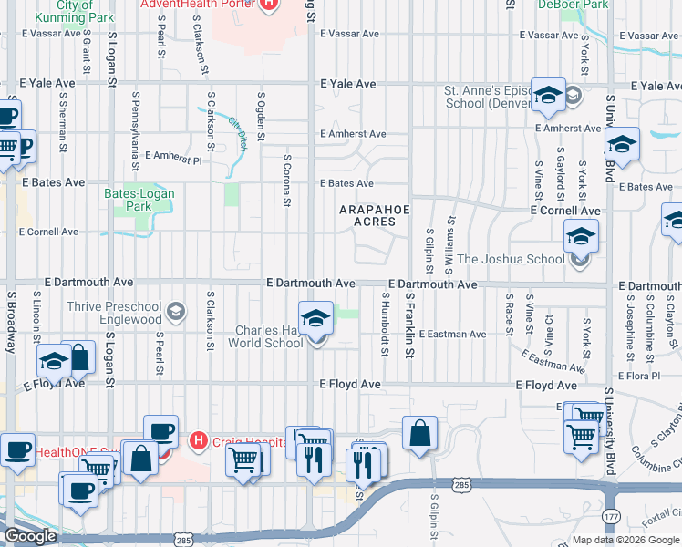 map of restaurants, bars, coffee shops, grocery stores, and more near 3017 South Cornell Circle in Englewood