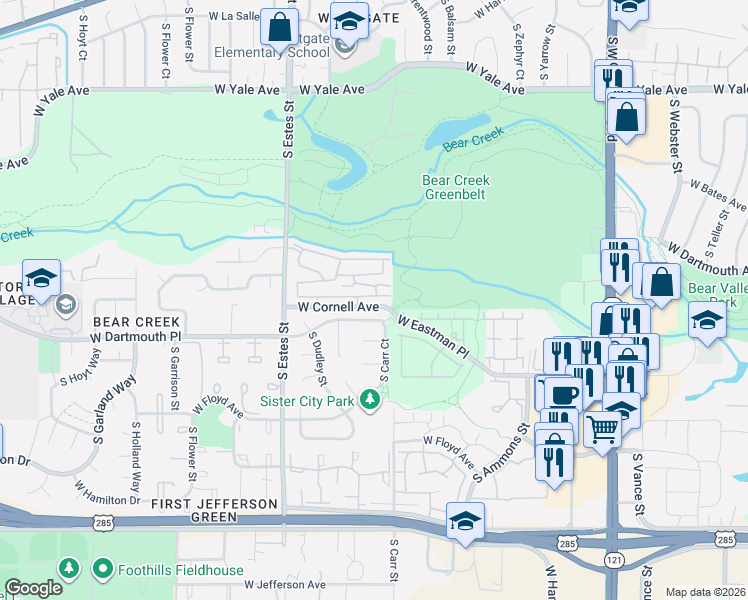 map of restaurants, bars, coffee shops, grocery stores, and more near 8753 West Cornell Avenue in Lakewood