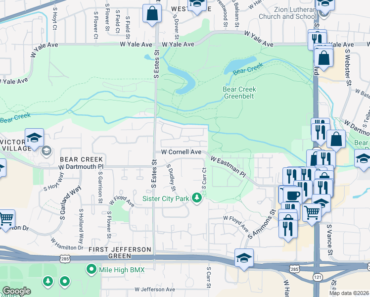 map of restaurants, bars, coffee shops, grocery stores, and more near 8757 West Cornell Avenue in Lakewood